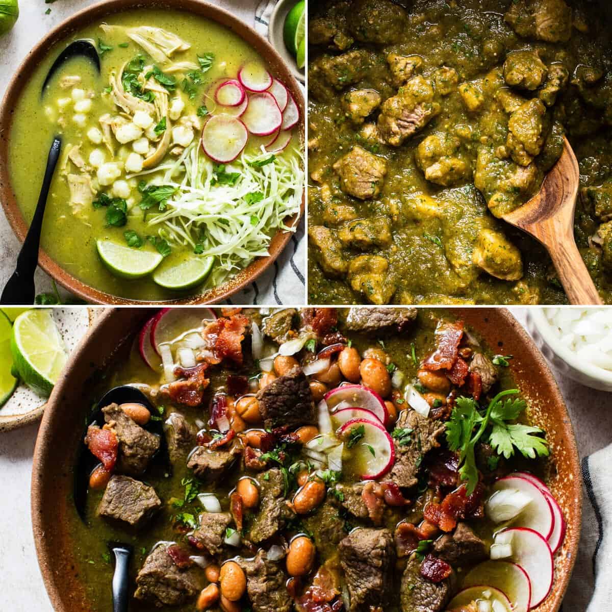 A collage of some of the tomatillo recipes on Isabel Eats that are soups and stews.